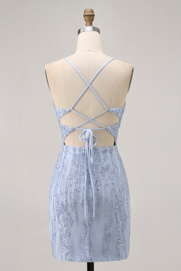 Sparkly Sequins Corset Grey Blue Bodycon Short Homecoming Dress